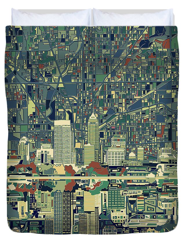 Indianapolis Duvet Cover featuring the painting Indianapolis Skyline Abstract 3 by Bekim M