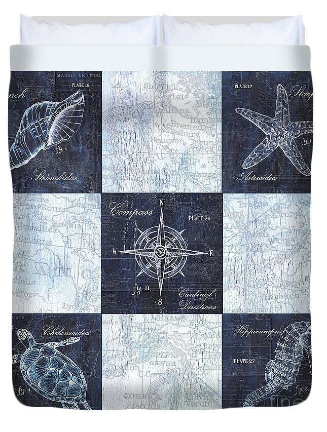 Seahorse Duvet Cover featuring the painting Indigo Nautical Collage by Debbie DeWitt