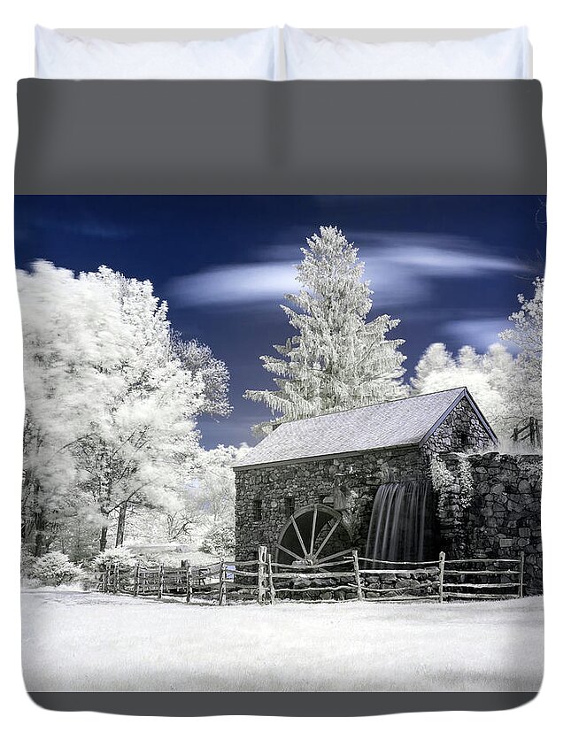 Historic Iconic Grist Mill Old Sudbury Ma Mass Massachusetts New England Newengland U.s.a. Usa Stone Wall Building Architecture Sky Long Exposure Trees Grass Wooden Fence Water Fall Waterfall Waterwheel Wheel Water Brian Hale Brianhalephoto Ir Infrared Infra Red Blue Spring Duvet Cover featuring the photograph Infrared Grist Mill 2 by Brian Hale