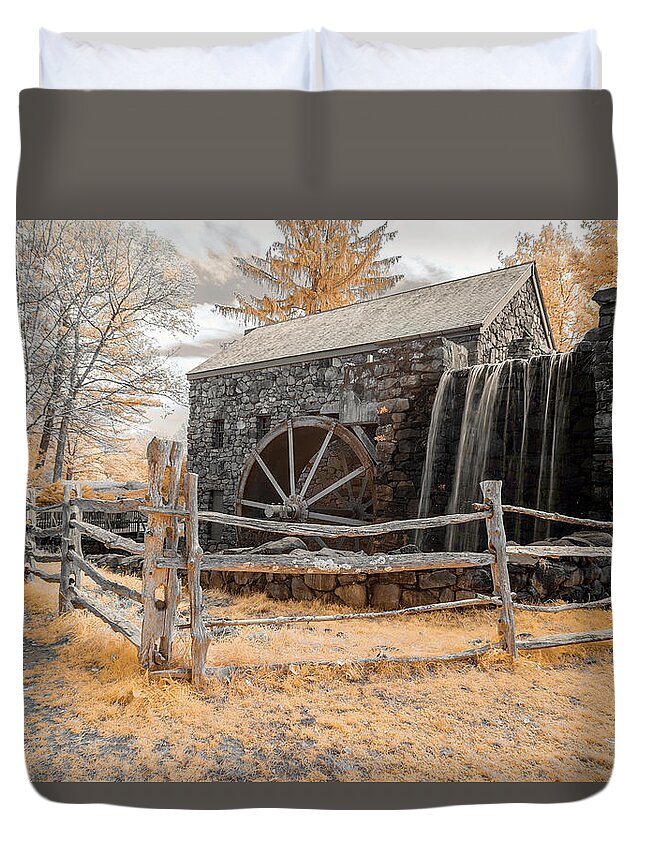 Sudbury Grist Mill Water Fall Falls Waterfall Waterwheel Wheel Fence Old Wooden Wood Trees Outside Outdoors Nature Architecture Stone Wall Stonewall Ir Infra Red Infrared 720 720nm Nanometer Brian Hale Brianhalephoto New England Newengland Usa U.s.a. Ma Mass Massachusetts Historic Iconic Sky Duvet Cover featuring the photograph Infrared Grist Mill by Brian Hale