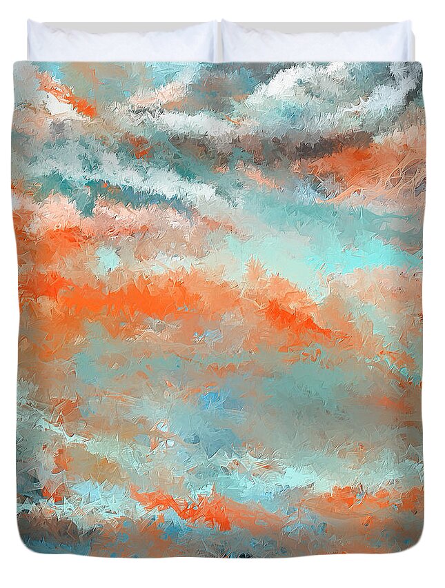Turquoise And Orange Duvet Cover featuring the painting Infused Energy- Turquoise And Orange Art by Lourry Legarde