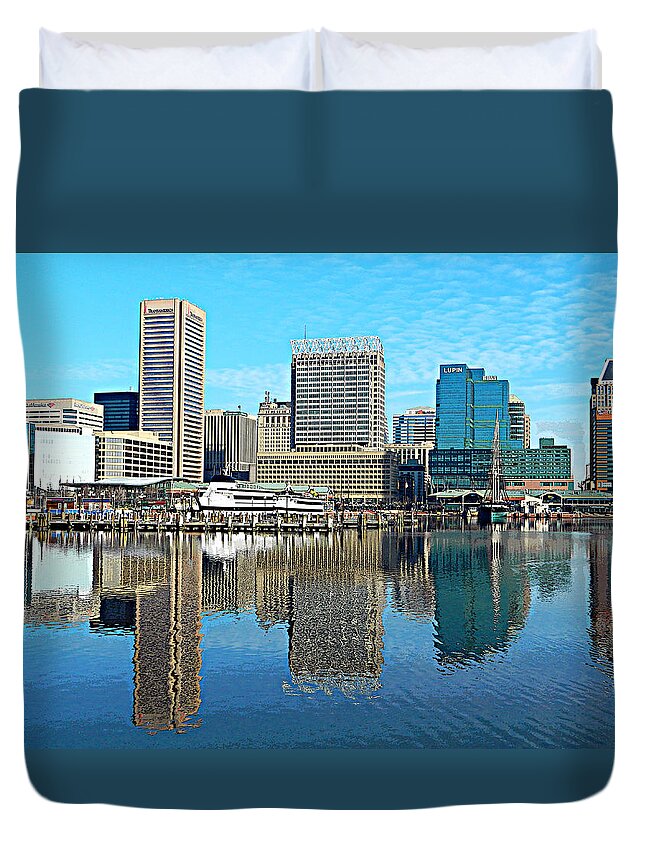 Baltimore Duvet Cover featuring the photograph Inner Harbor Reflections by Emmy Marie Vickers