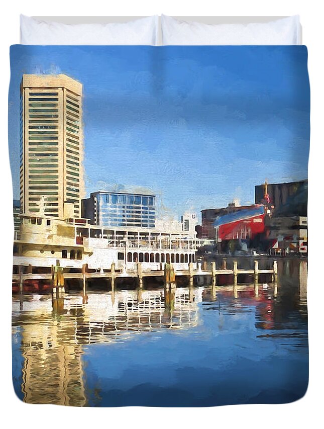 Baltimore Inner Harbor Duvet Cover featuring the painting Inner Harbor Reflections by Kerri Farley