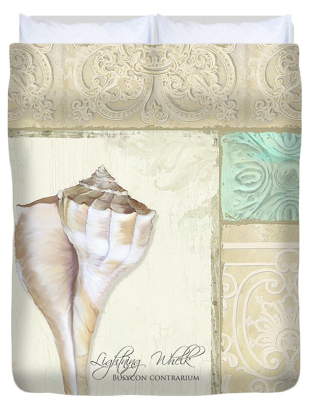 Lightning Whelk Shell Duvet Cover featuring the painting Inspired Coast Collage - Lightning Whelk Shell Vintage Tile by Audrey Jeanne Roberts