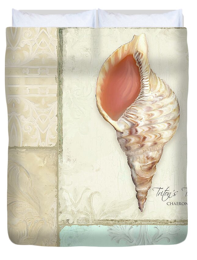 Tritons Trumpet Duvet Cover featuring the painting Inspired Coast Collage - Triton's Trumpet Shell w Vintage Tile by Audrey Jeanne Roberts