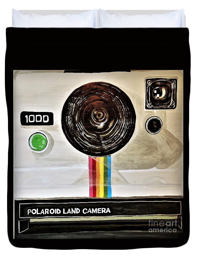 Mask Duvet Cover featuring the painting Instant Polaroid Land Camera by Barbara Donovan