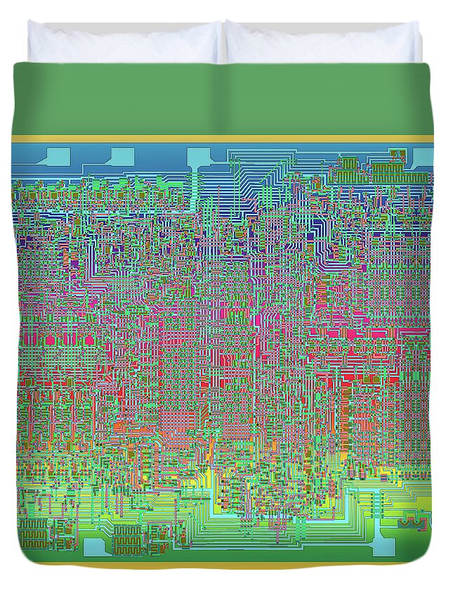 Intel Duvet Cover featuring the digital art Intel 4004 CPU 4 bit Central Processing Unit CPU Computer Chip Integrated Circuit Mask, Abstract 5 by Kathy Anselmo
