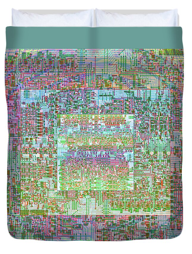 Intel Cpu Duvet Cover featuring the digital art Intel 4004 CPU 4 bit Central Processing Unit CPU Computer Chip Integrated Circuit Mask, Abstract 4 by Kathy Anselmo