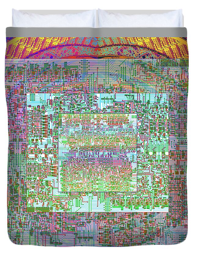 Intel Cpu Duvet Cover featuring the digital art Intel 4004 CPU Silicon Wafer computer Chip Integrated Circuit Mask Abstract, Composition 1 by Kathy Anselmo