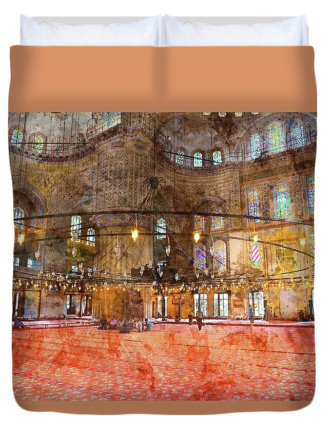  Blue Duvet Cover featuring the photograph Interior of the Sultanahmet Mosque Blue Mosque in Istanbul, Turkey by Brandon Bourdages