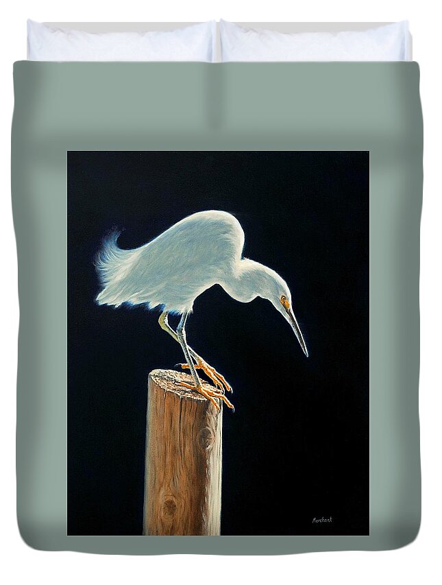 Egret Duvet Cover featuring the painting Interlude - Snowy Egret by Linda Merchant