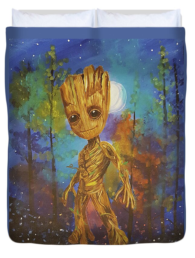 Guardians Of The Galaxy 2 Duvet Cover featuring the painting Into the Eyes of Baby Groot by Nicole Burnett