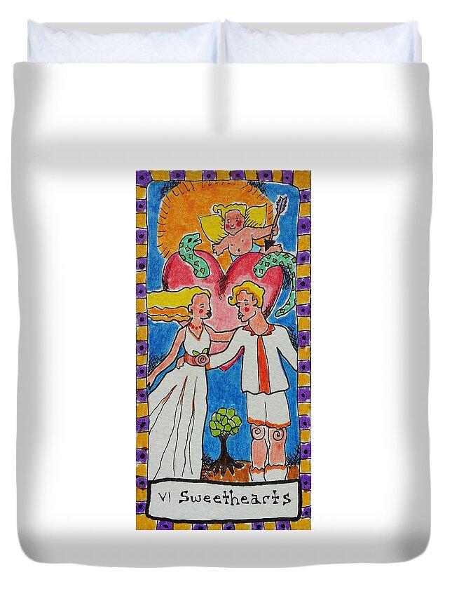 Tarot Duvet Cover featuring the drawing Intuitive Catalyst Card - Sweethearts by Corey Habbas