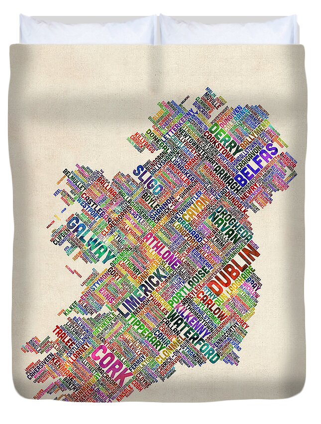 Ireland Map Duvet Cover featuring the digital art Ireland Eire City Text Map Derry Version by Michael Tompsett