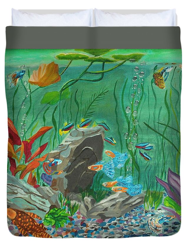 Fish Duvet Cover featuring the painting Iridescent Aquarium by David Bigelow