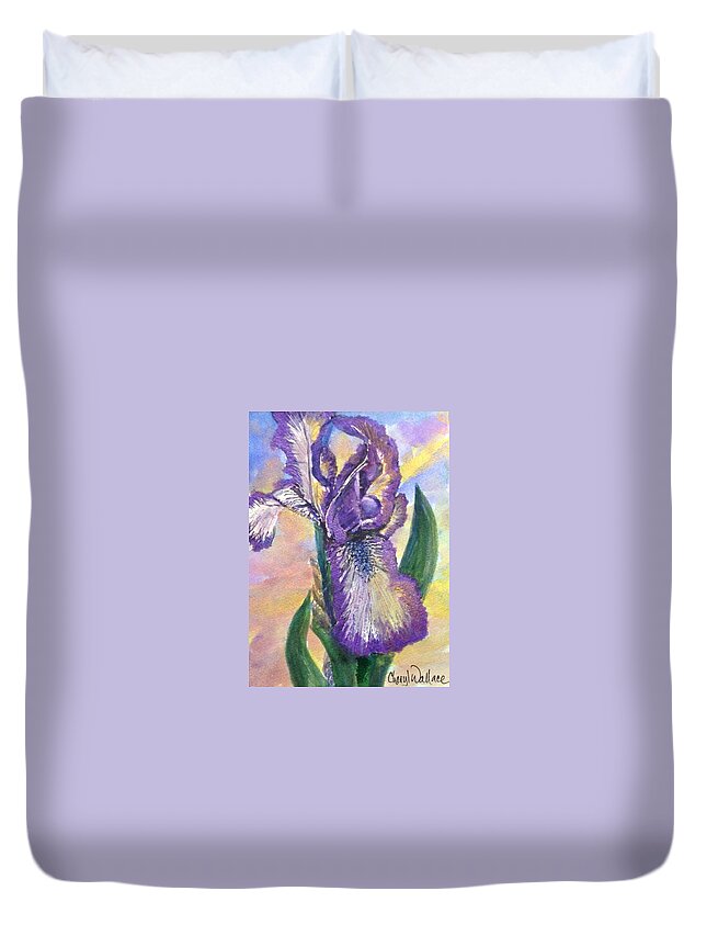 Flower Duvet Cover featuring the painting Iris at Sunset by Cheryl Wallace