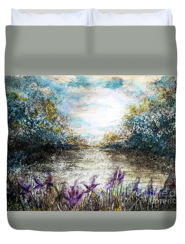 Landscape Duvet Cover featuring the painting Iris Bayou by Francelle Theriot