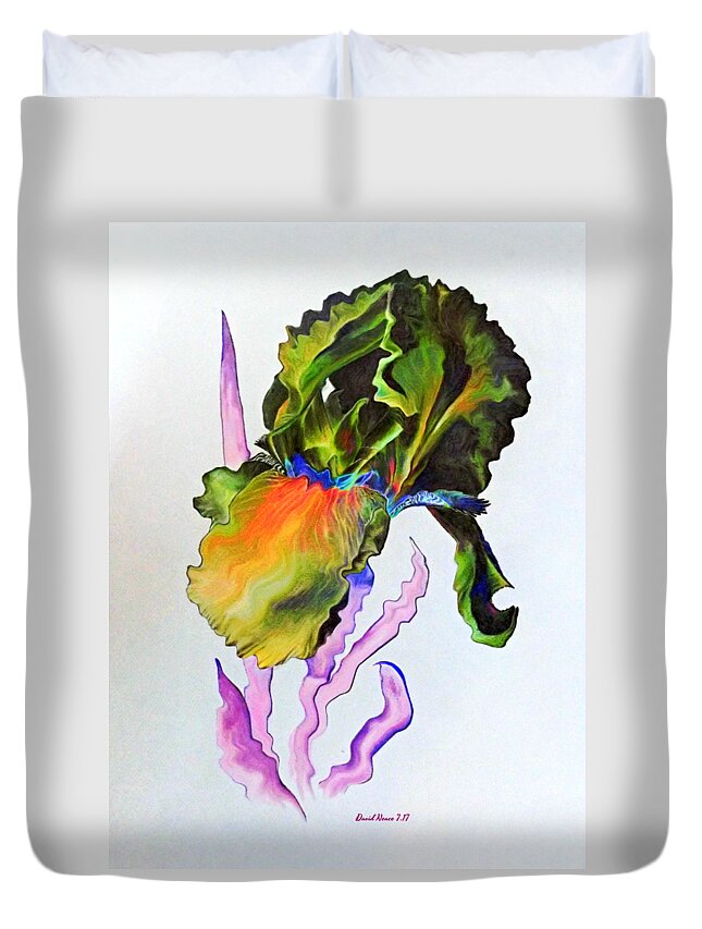 Iris Duvet Cover featuring the drawing Iris of a different color by David Neace CPX