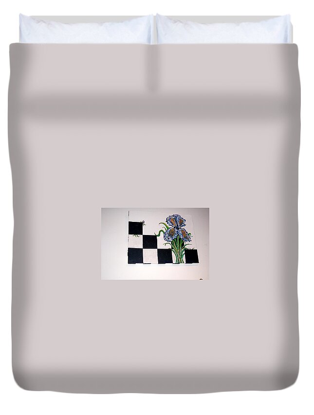 Iris Duvet Cover featuring the painting Iris Playing Checkers by Kenlynn Schroeder