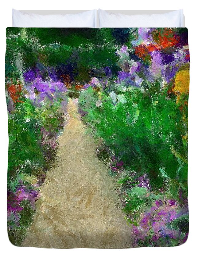 Landscapes Duvet Cover featuring the painting Iris Time in Giverny by Dragica Micki Fortuna