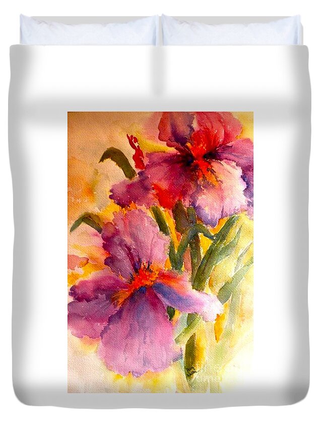 Iris Duvet Cover featuring the painting Iris Twins by Patsy Walton