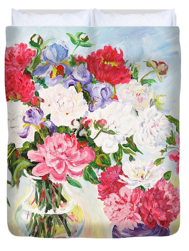 Flowers Duvet Cover featuring the painting Irises and Peonies by Ingrid Dohm