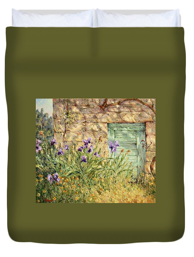 Irises Duvet Cover featuring the painting Irises at the old barn by Pierre Dijk