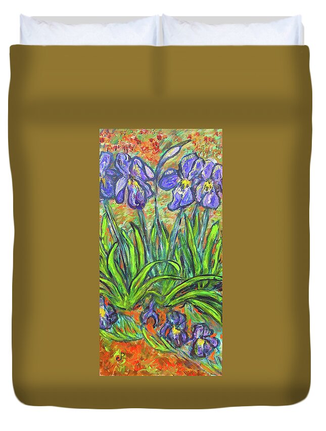Iris Duvet Cover featuring the painting Irises in a sunny garden by Carolyn Donnell