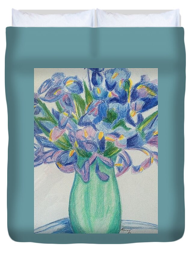Flowers Duvet Cover featuring the drawing Irises by Nancy Anton
