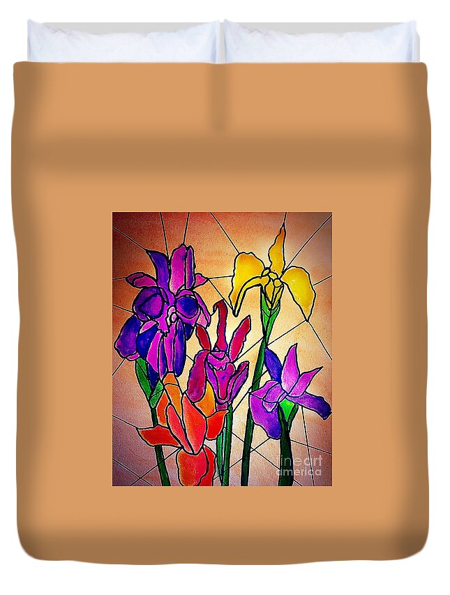 Floral Flower Multicolor Stained Glass Irises Duvet Cover featuring the painting Irises Stained Glass Effect by Anne Sands