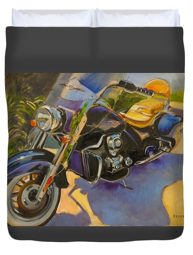 Motorcycle Duvet Cover featuring the painting Iron Horse by Kaytee Esser