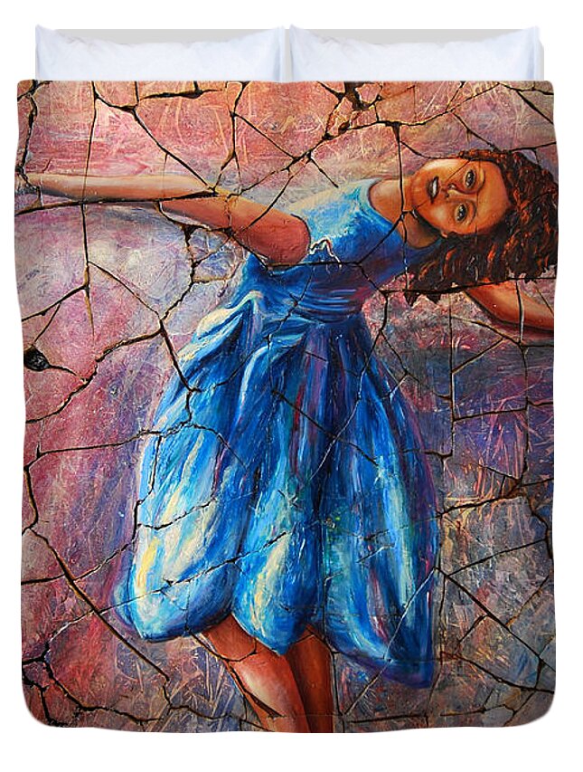 Isadora Duncan Duvet Cover featuring the painting Isadora Duncan - 1 by Lena Owens - OLena Art Vibrant Palette Knife and Graphic Design