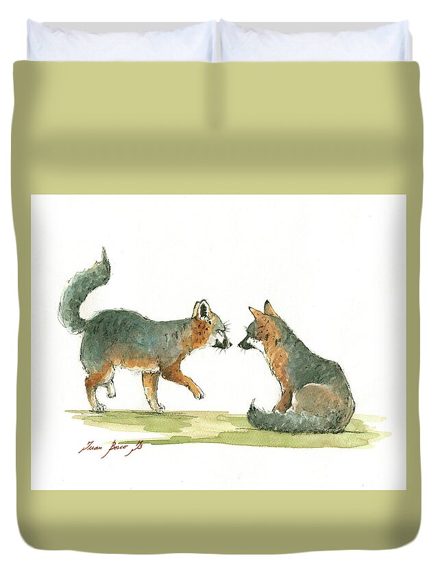 Island Fox Duvet Cover featuring the painting Island foxes by Juan Bosco