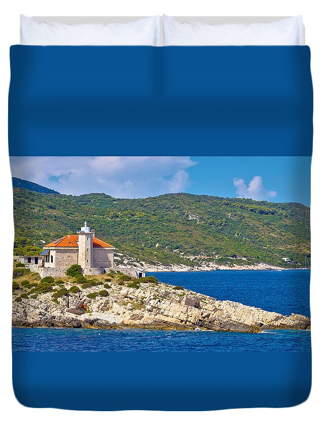 Vis Duvet Cover featuring the photograph Island of Vis lighthouse panoramic by Brch Photography