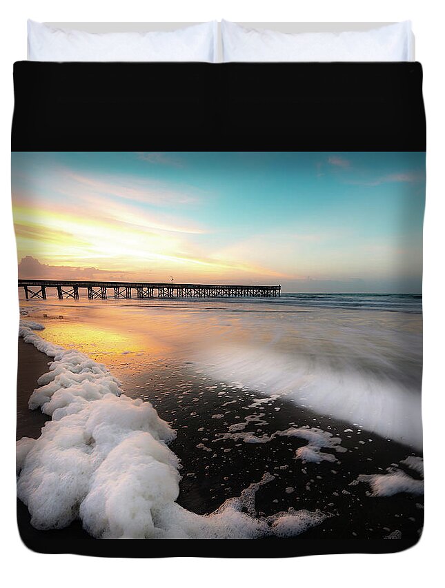 Isle Of Palms Duvet Cover featuring the photograph Isle of Palms Pier Sunrise and Sea Foam by Donnie Whitaker