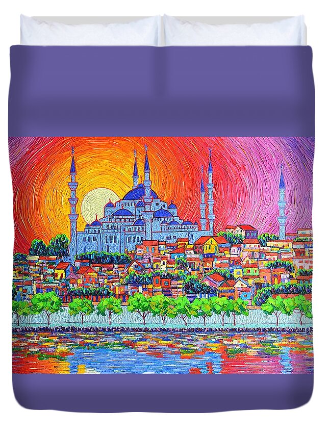 Istanbul Duvet Cover featuring the painting Istanbul Blue Mosque Sunset Modern Impressionist Palette Knife Oil Painting By Ana Maria Edulescu  by Ana Maria Edulescu