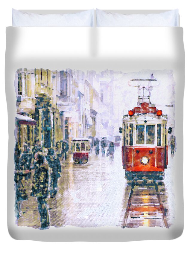 Marian Voicu Duvet Cover featuring the painting Istanbul Nostalgic Tramway by Marian Voicu