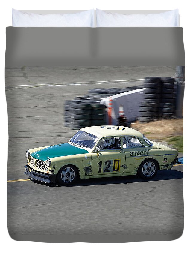 Sports Duvet Cover featuring the photograph It Ain't It -- Volvo 122S Race Car at the 24 Hours of LeMons Race, Sonoma California by Darin Volpe