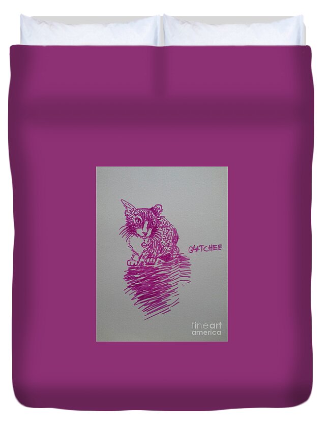 Cat Duvet Cover featuring the drawing It has a cat named GATchee by Sukalya Chearanantana