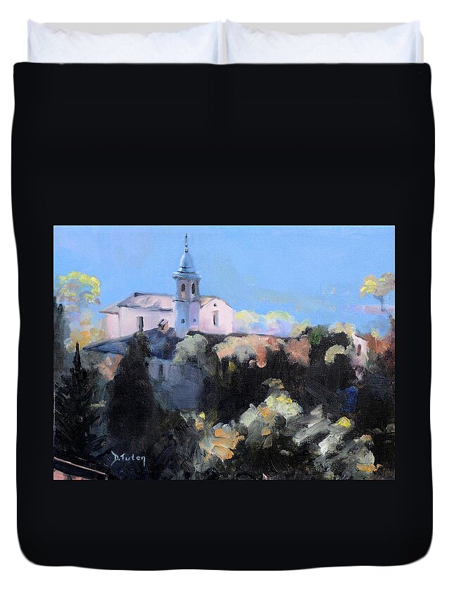Italian Church Duvet Cover featuring the painting Italian Church on a Hillside by Donna Tuten