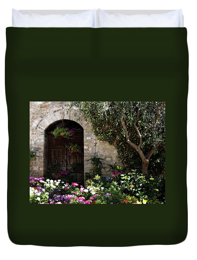 Flower Duvet Cover featuring the photograph Italian Front Door Adorned with Flowers by Marilyn Hunt