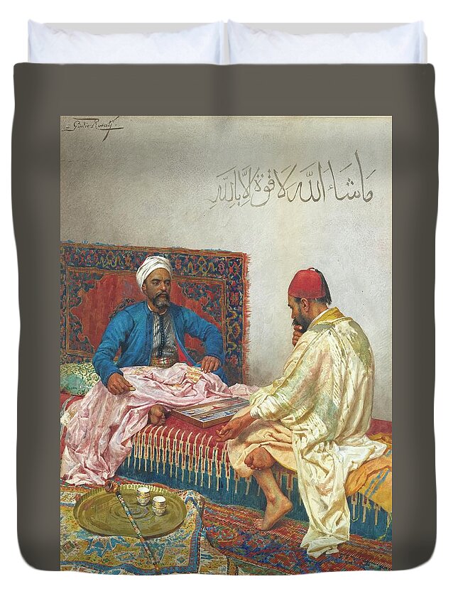 Giulio Rosati 1858-1917 Italian The Backgammon Players Duvet Cover featuring the painting Italian The Backgammon Players by Eastern Accents