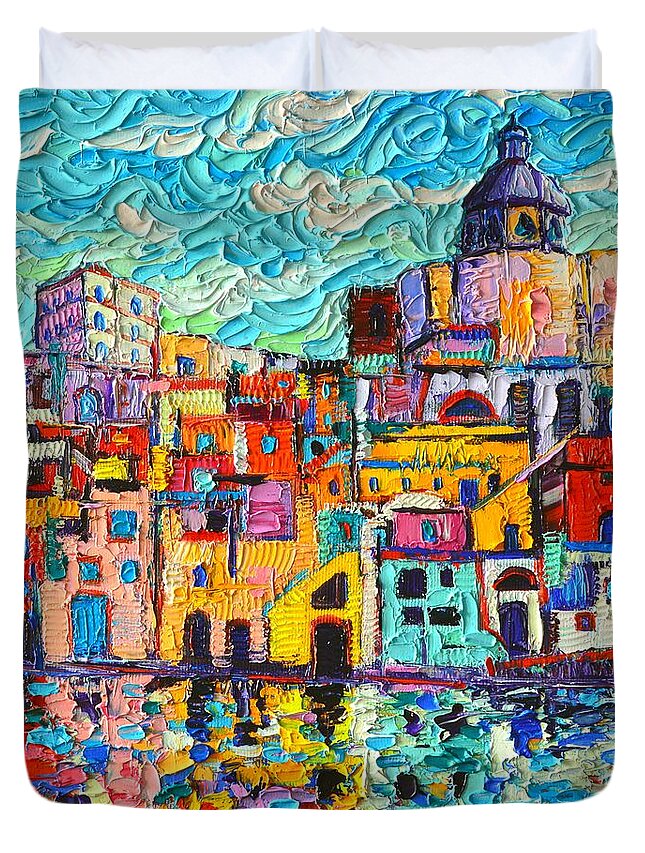 Procida Duvet Cover featuring the painting Italy Procida Island Marina Corricella Naples Bay Palette Knife Oil Painting By Ana Maria Edulescu by Ana Maria Edulescu