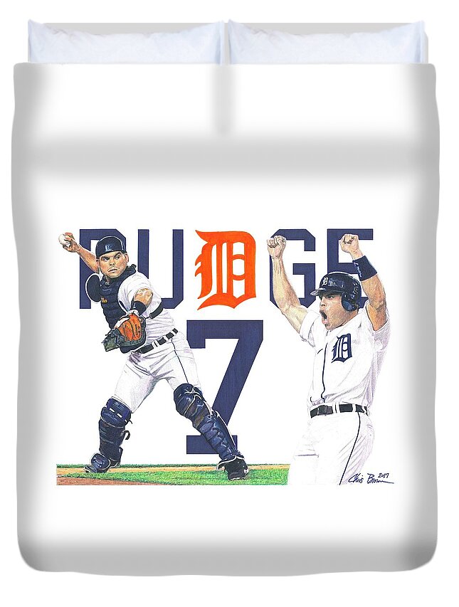 Detroit Tigers Duvet Cover featuring the drawing Ivan Pudge Rodriguez by Chris Brown