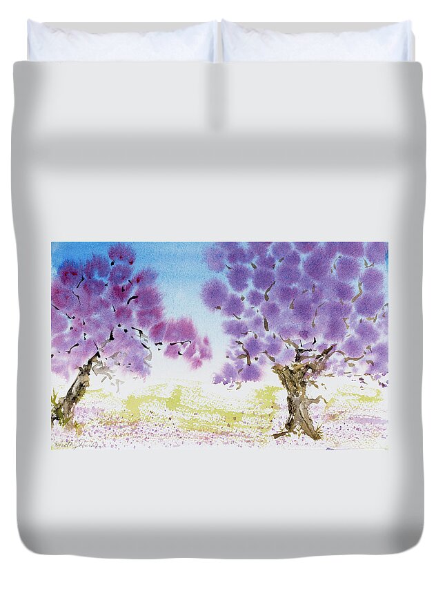 Argentina Duvet Cover featuring the painting Jacaranda trees blooming in Buenos Aires, Argentina by Dorothy Darden