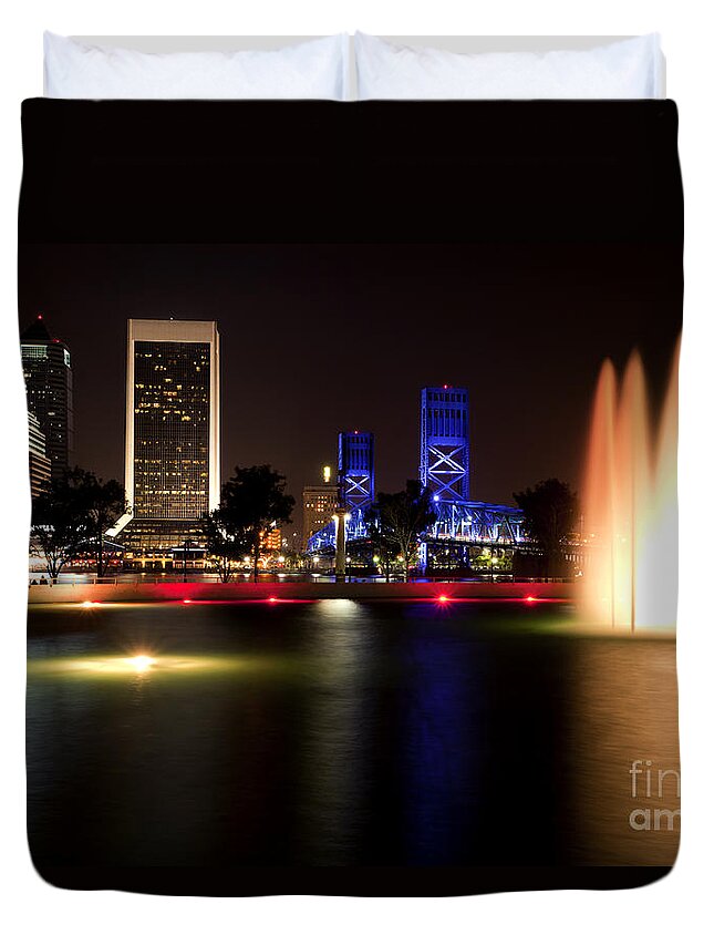 St Johns River Duvet Cover featuring the photograph Jacksonville Florida - night by Anthony Totah