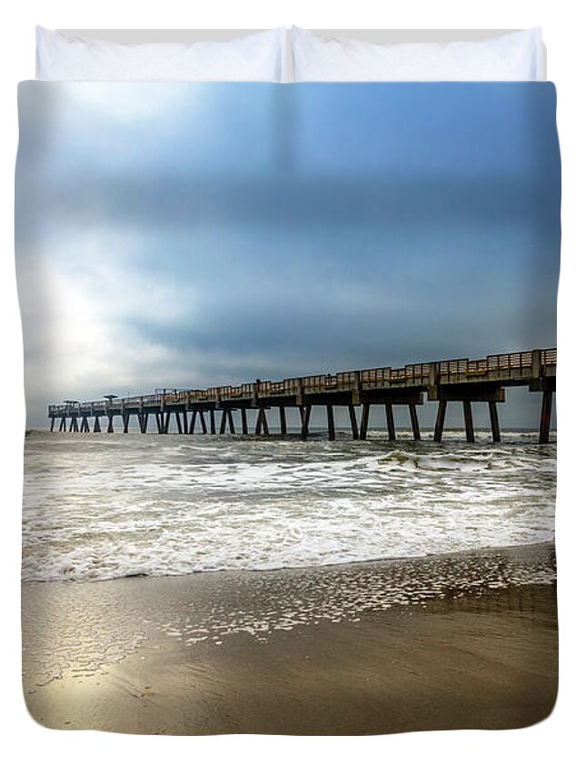Clouds Duvet Cover featuring the photograph Jacksonville Pier in the Fog at Dawn by Debra and Dave Vanderlaan
