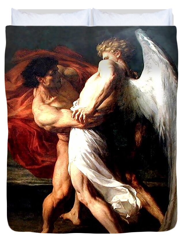 Jacob Wrestling With The Angel Duvet Cover featuring the painting Jacob Wrestling with the Angel by Alexander Louis Leloir