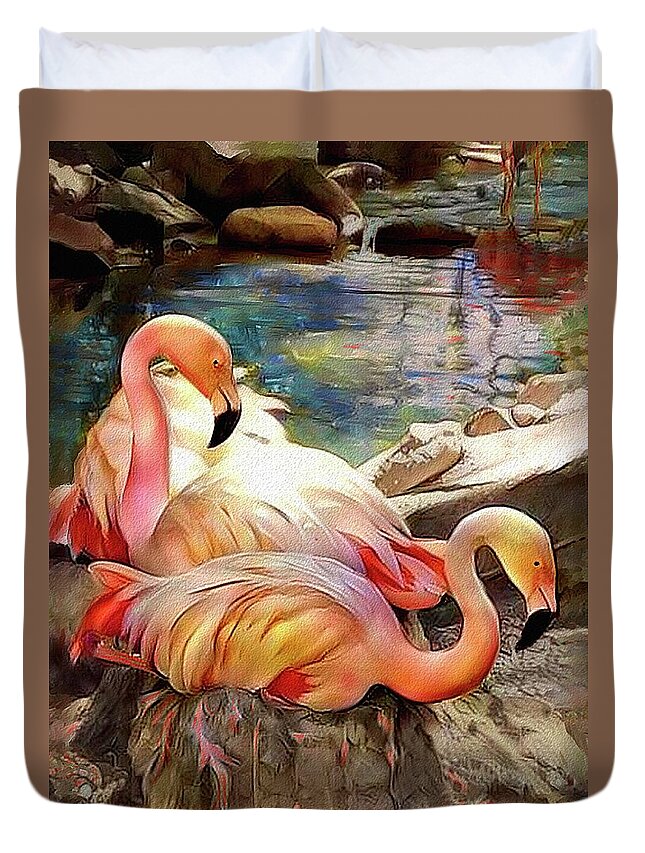 Birds Duvet Cover featuring the digital art Jacqueline's Flamingos by Jann Paxton