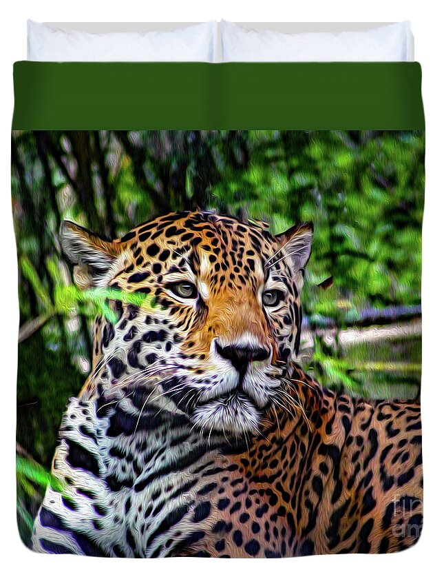 Jaguars Duvet Cover featuring the mixed media Jaguar at Peace by DB Hayes